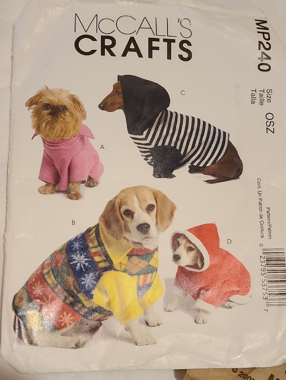 Dog Clothes Costume McCall's MP240 Sewing Pattern Fabric Jacket XS-Med